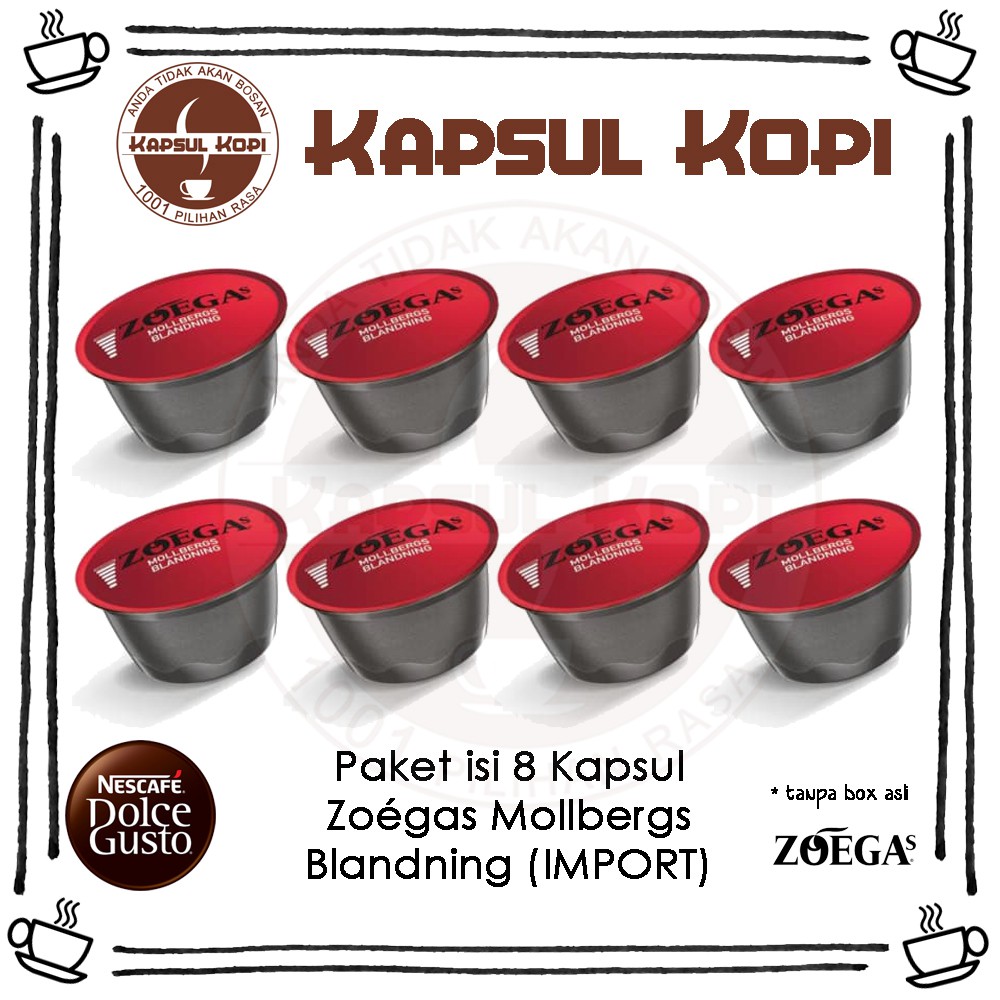 

Paket 8 Kapsul Kopi Zoegas Mollbergs Blandning Impor Nescafe Dolce Gusto Coffee Capsule