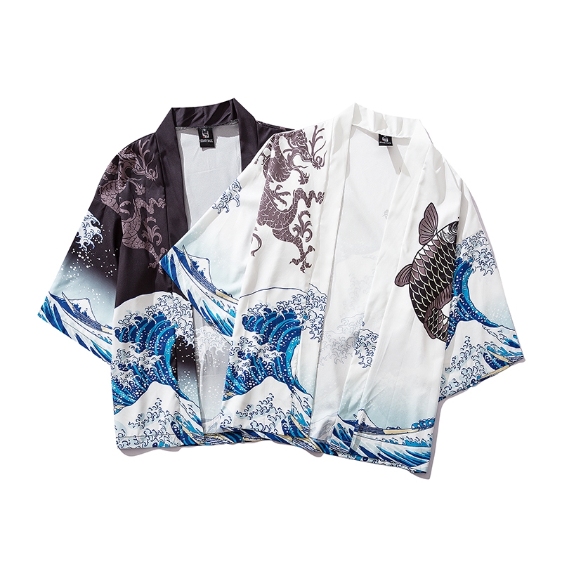 baju Fashion Cardigan Kimono Jepang Longgar Gaya Harajuku Jepang Warna Hitam / Putih, Ada Ukuran Besar kimono jepang