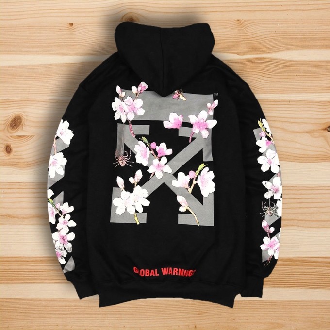HOODIE PULLOVER OFFWHITE OFF WHITE CROSS DIAGONAL CHERRY ROSES PRINTED BACK