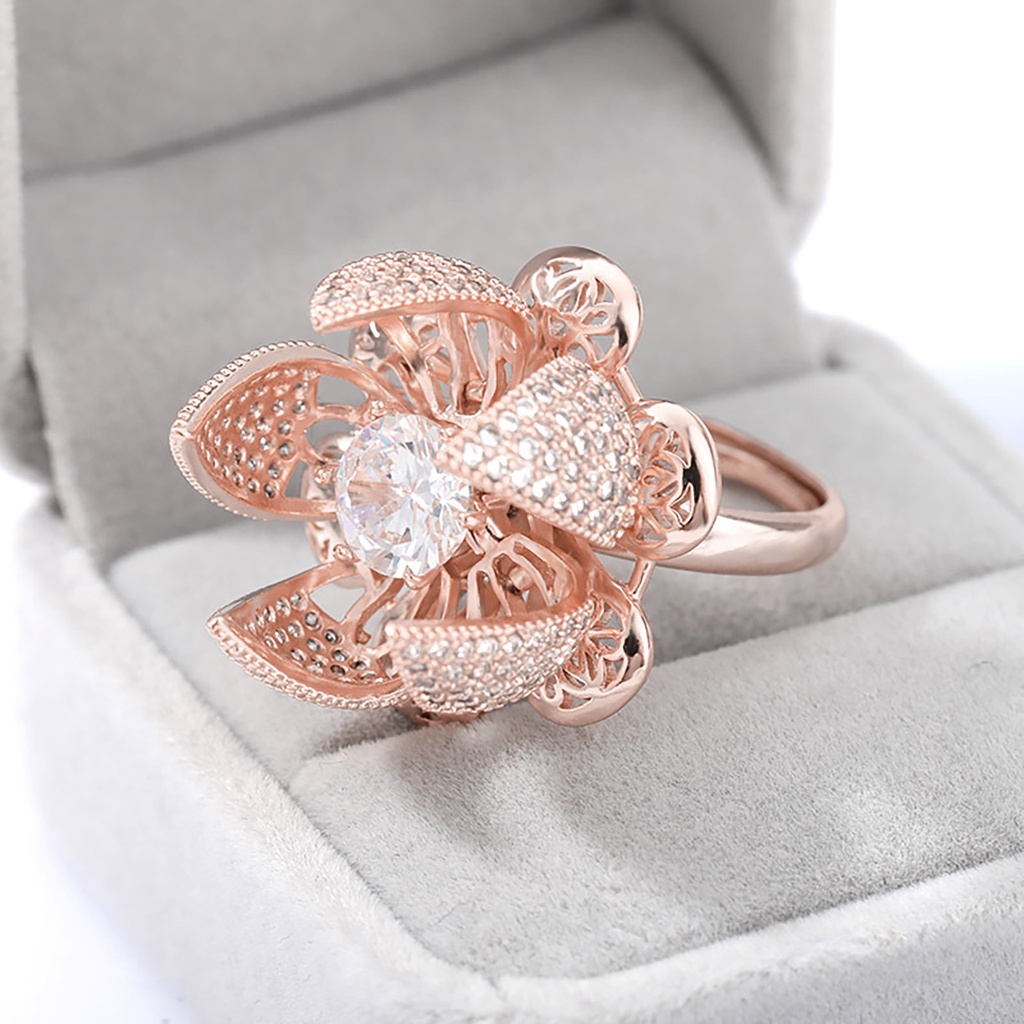 Hu Hu Hu Hu Hu Alat Bantu Pasang Kacamata♡ Cincin Model Terbuka Desain Bunga Hollow Hias Zircon Untuk Wanita