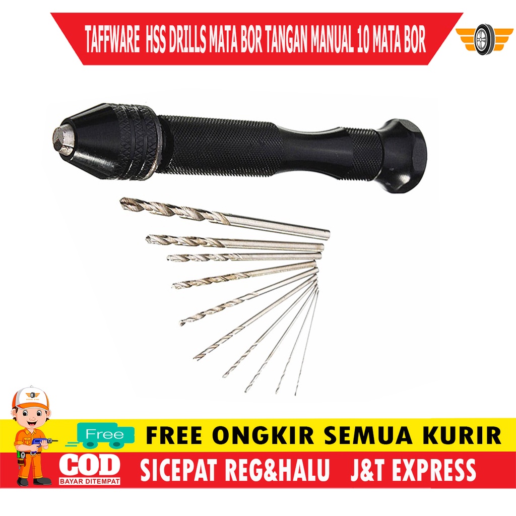 Original Taffware Bor Tangan Mini Manual Tangan HSS Twist Drills Alat Pertukangan Free 10 Mata Bor K