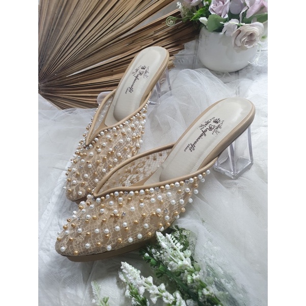 sepatu yasmika Nude brukat cream mate gold 7cm