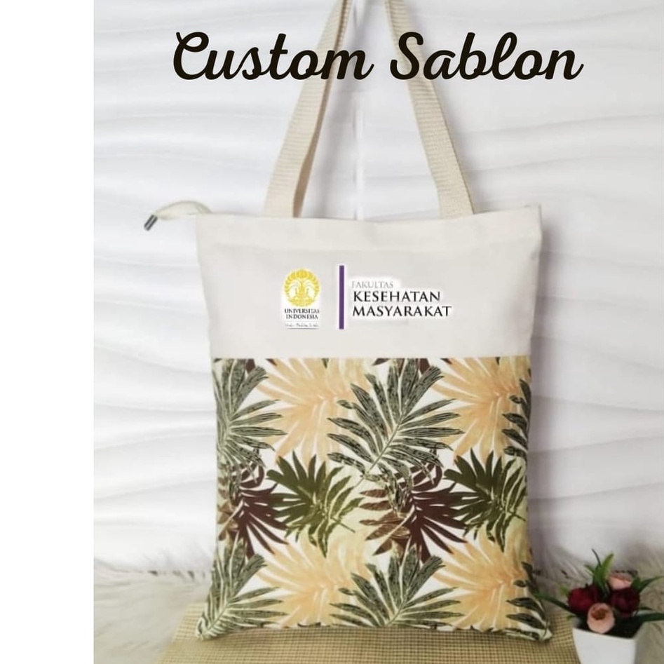 Totebag kuliah Wanita Kekinian model Tote bag resleting cewek dg bahan kanvas polos dan canvas motif bisa custom sablon untuk Tas seminar souvenir gift dll