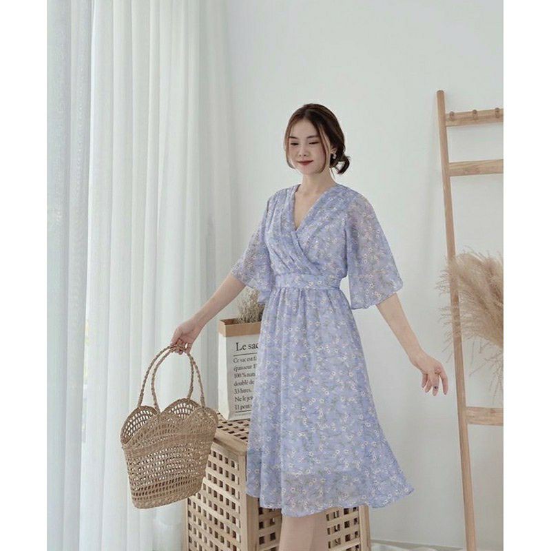 Dress Korea Vintage Kimono Dress Wanita Korean Style Aurora Baju Wanita Kekinian Bahan Sifon Motif B