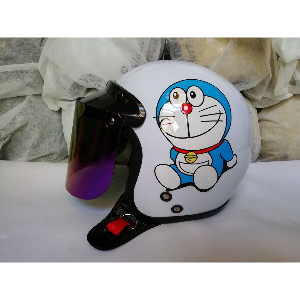 HELM DORAEMON BOGO DEWASA CAT PUTIH KACA DATAR PELANGI