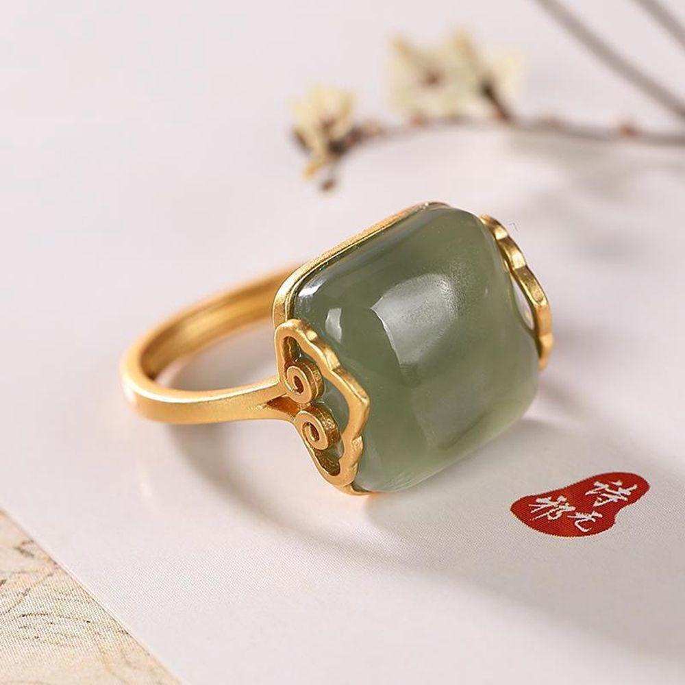 Needway   Hetian Jade Ring Cincin Perhiasan Emas Sederhana Awan Menguntungkan Geometris Wanita Jari Cincin Gaya Cina Cincin