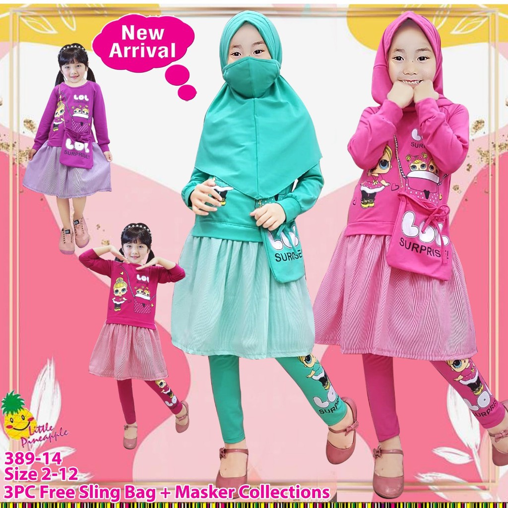LP 389-16 Baju Setelan Hijab Anak Little Pineapple Lol Surprise