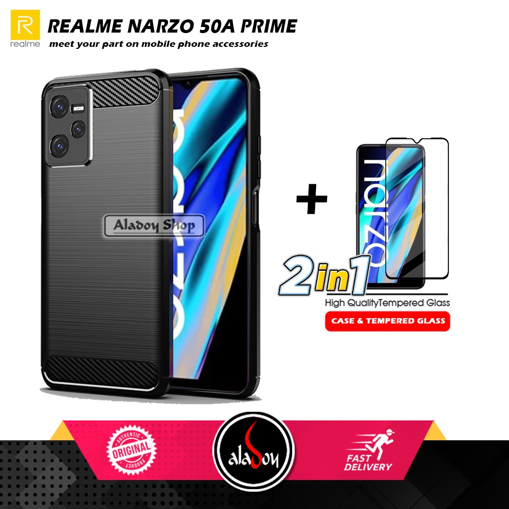 PAKET 2IN1 Case Realme Narzo 50A Prime Ipaky Carbon Casing + Tempered Glass Layar Full Cover