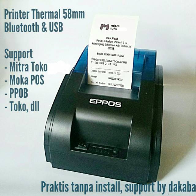 Printer Thermal 58m Bluetooth & USB utk Kasir, Mitra Toko, Moka, PPOB