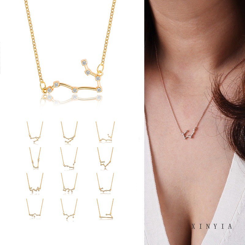 12 Constellation Kalung Liontin Choker Dengan Huruf Dan Hiasan Berlian Wanita