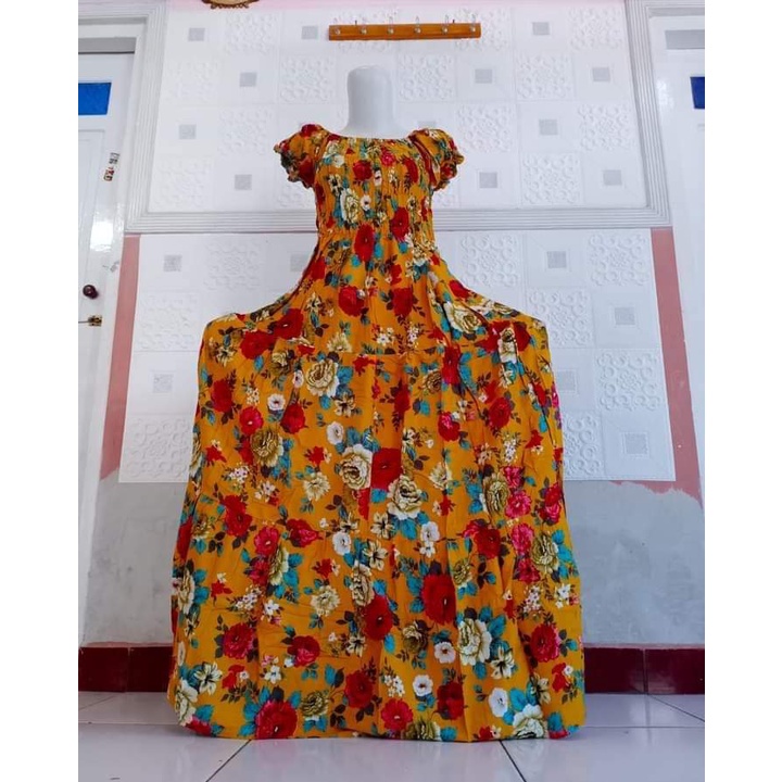daster panjang long dress canda serut motif bunga baju dress panjang murah