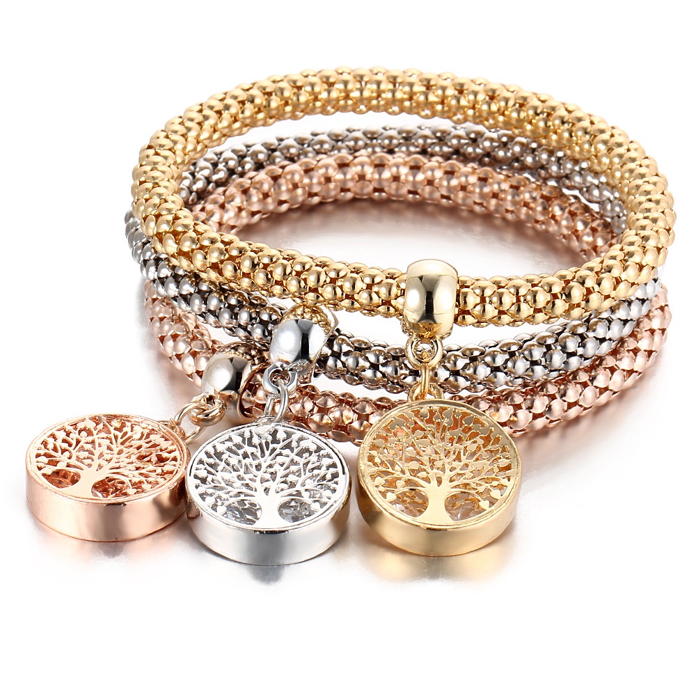 Korea Tiga Warna Set Gelang Wanita Elastis Jagung Rantai Fashion Gelang Berlian Kupu-kupu Liontin Perhiasan