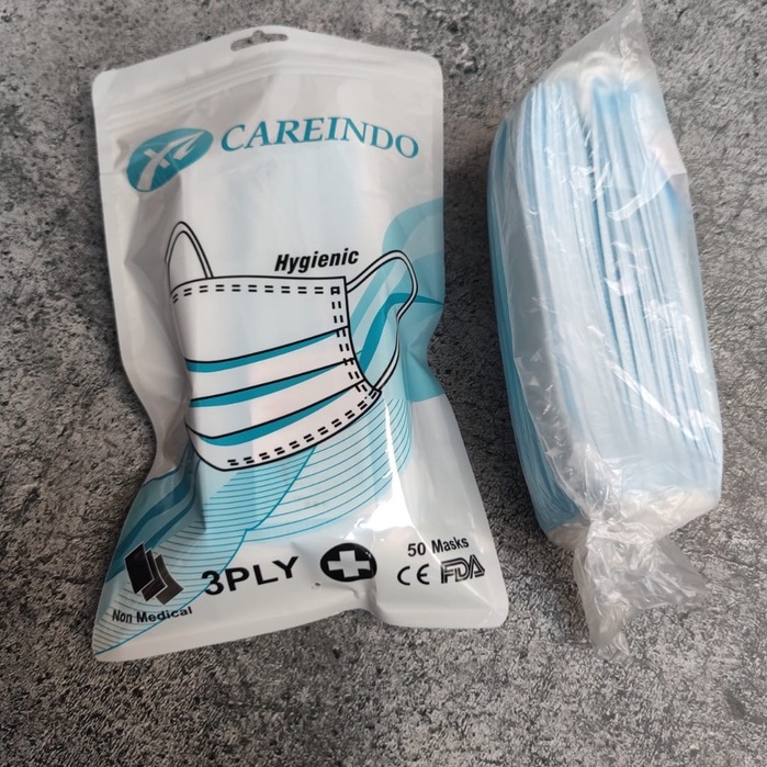 CAREINDO 3PLY POUCH ZIP -  MASKER 3PLY CAREINDO EARLOOP FACE MASK MEDICAL GRADE - BIRU HITAM