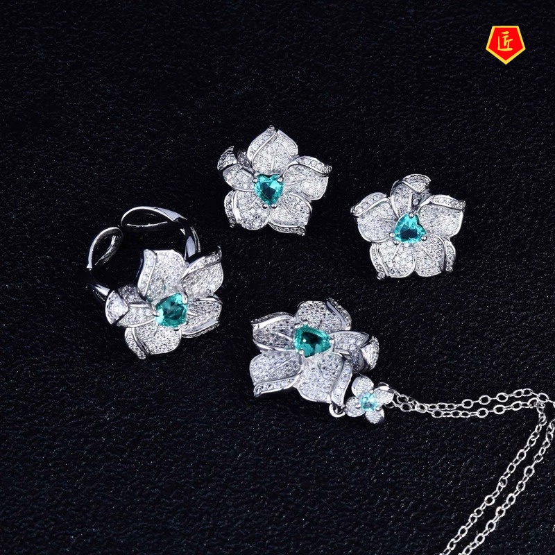 [Ready Stock]Jewelry Flower Set Colored Gems Necklace Open Ring for Women