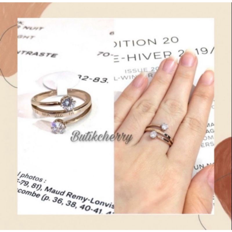 Cincin titanium baris dua mata rose gold N1308191