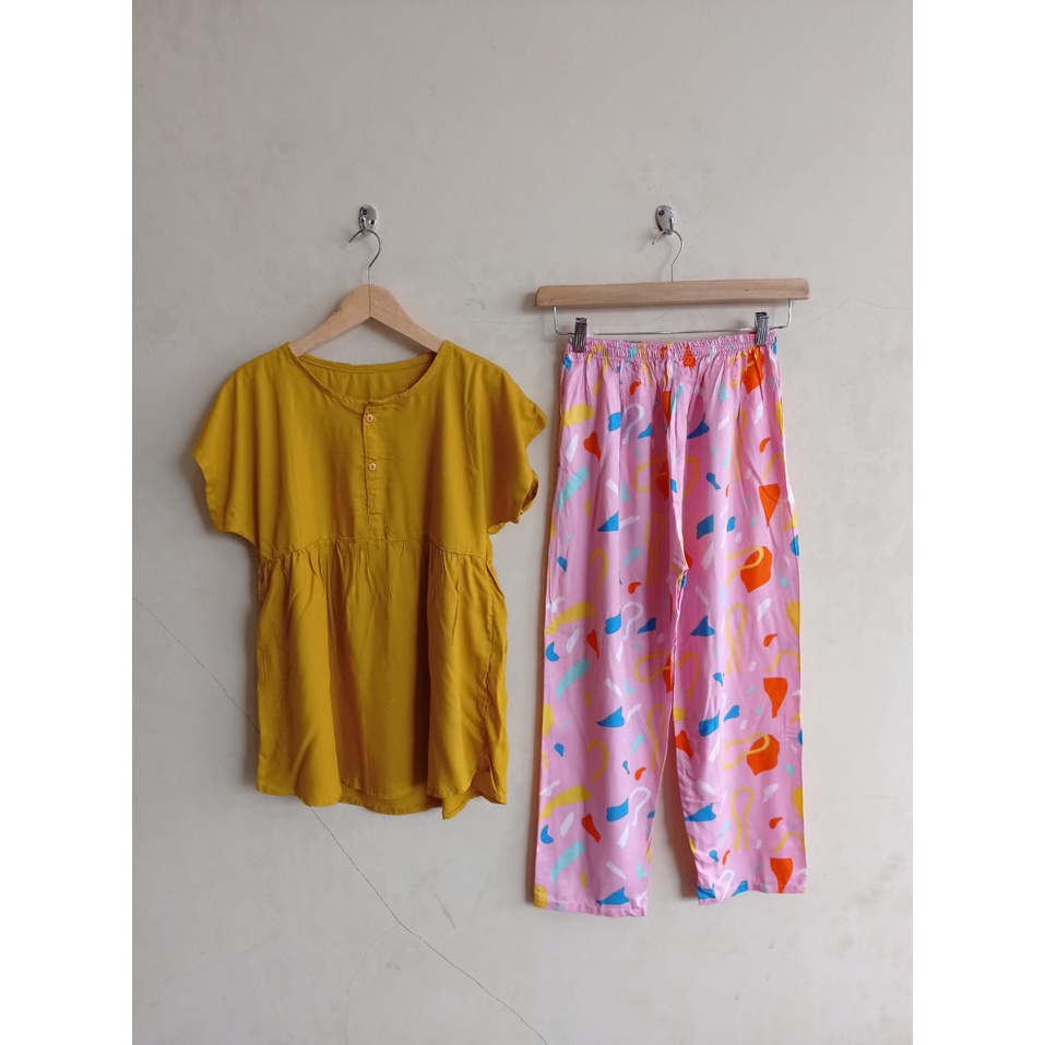 SETELAN BAJU TIDUR PIYAMA WANITA ONE SET PAJAMAS RUFFLE KANCING BUSUI CELANA PANJANG-BBR 21