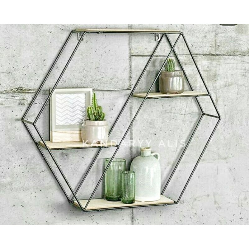 RAK DINDING / RAK DINDING MINIMALIS / PAJANGAN DINDING / KACA HEXAGONAL / RAK DINDING BESI /PAJANGAN