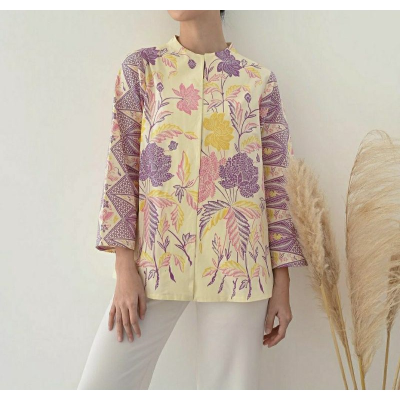 blouse batik wanita kancing depan warna pastel ungu lilac