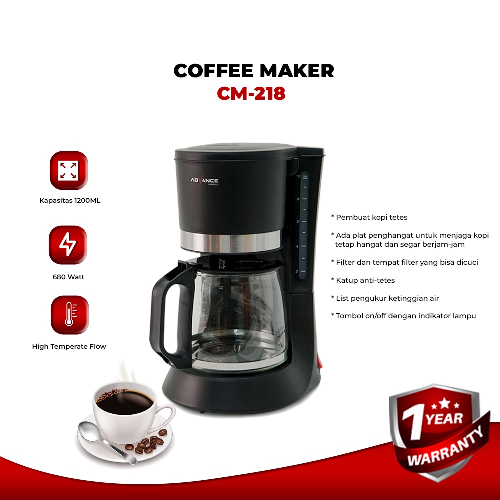 Advance Digitals Coffee Maker 1.2L Mesin Pembuat Kopi CM-218 Garansi Resmi Advance Digitals 1 Tahun I Hitam