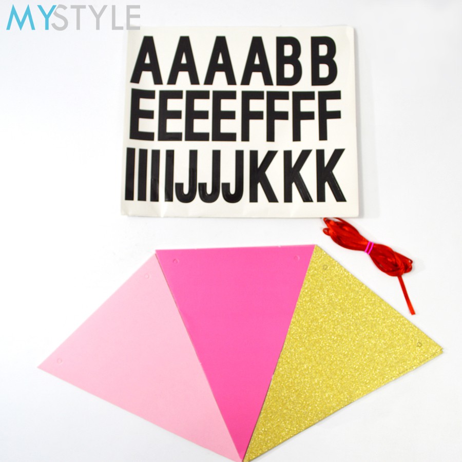 BANNER ULANG TAHUN DIY SEGITIGA GLITTER PINK/BIRU BANNER MURAH BUNTING FLAG