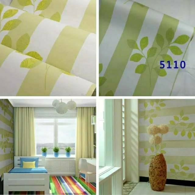 Wallpaper Sticker  Dinding Uk 45cm x 10meter Motif Garis Daun Hijau