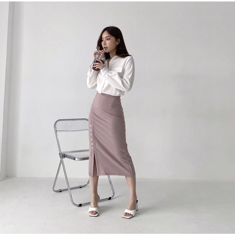 KIM MIDI SKIRT WITH SLIT PREMIUM KOREA - ROK FORMAL OR CASUAL MEWAH - SKIRT 3/4 - ROK KONDANGAN - OFFICE LOOK - ROK KANTORAN - HADIAH / KADO ULTAH WANITA