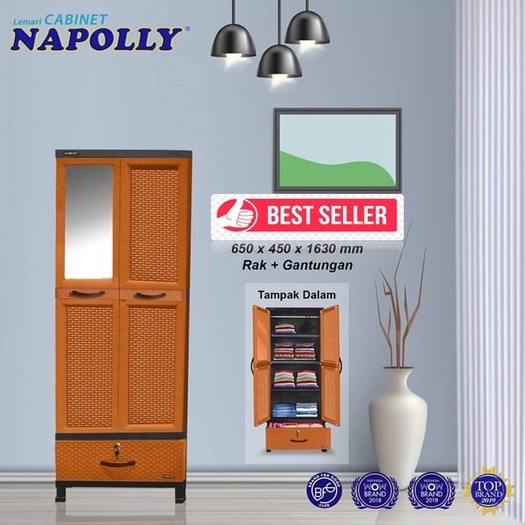 Napolly Lemari pakaian plastik Jumbo kaca + gantung + laci kuat murah