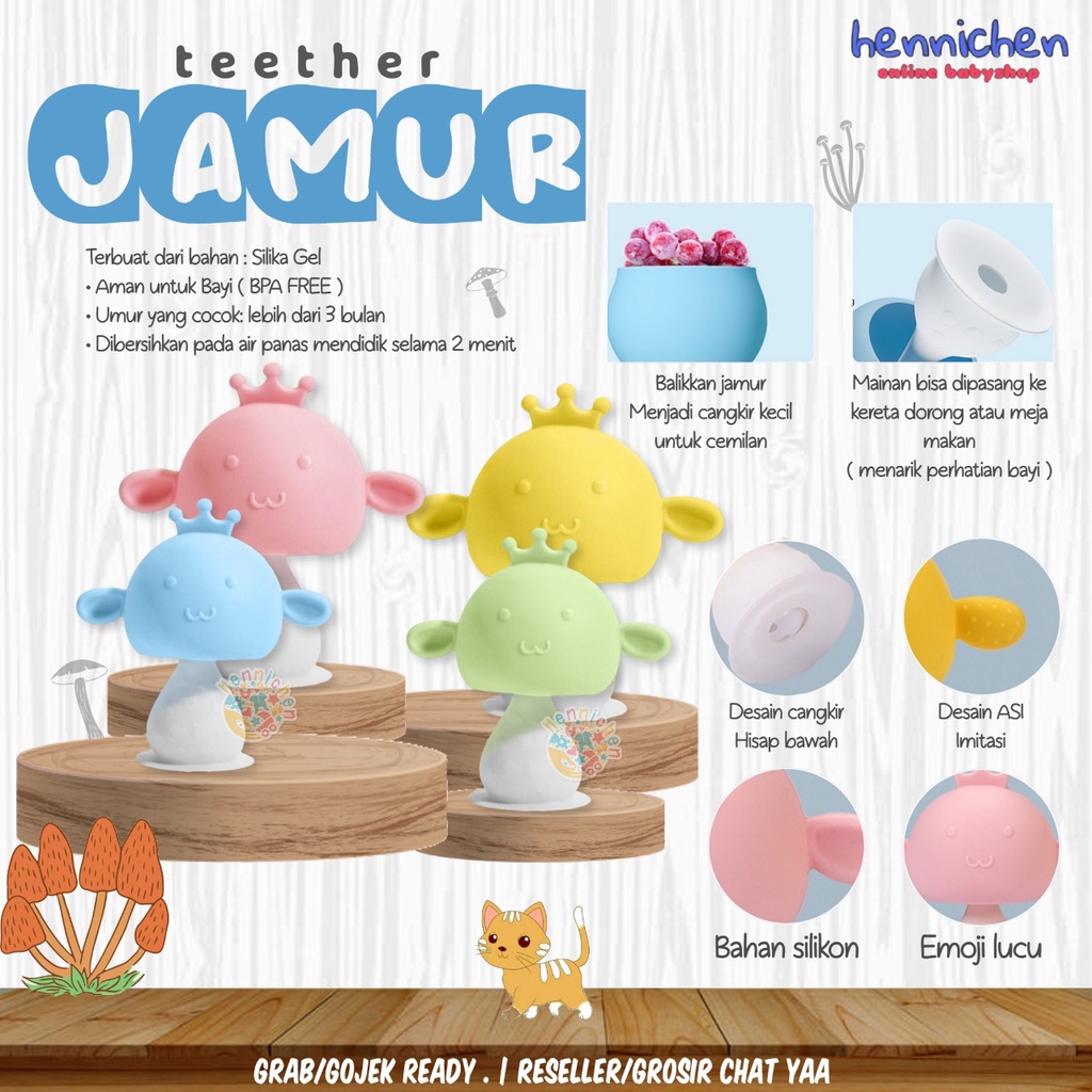 Teether Bayi dengan Rattle Silikon Teether Mushroom Head Mainan Persiapan Tumbuh Gigi Mainan Gigitan Anak Sillicone