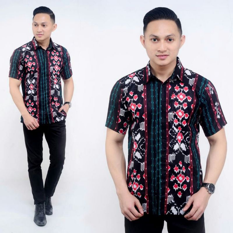 atasan hem batik cowok lengan pendek motif songket etnik hitam mix hijau botol merah m l xl formal