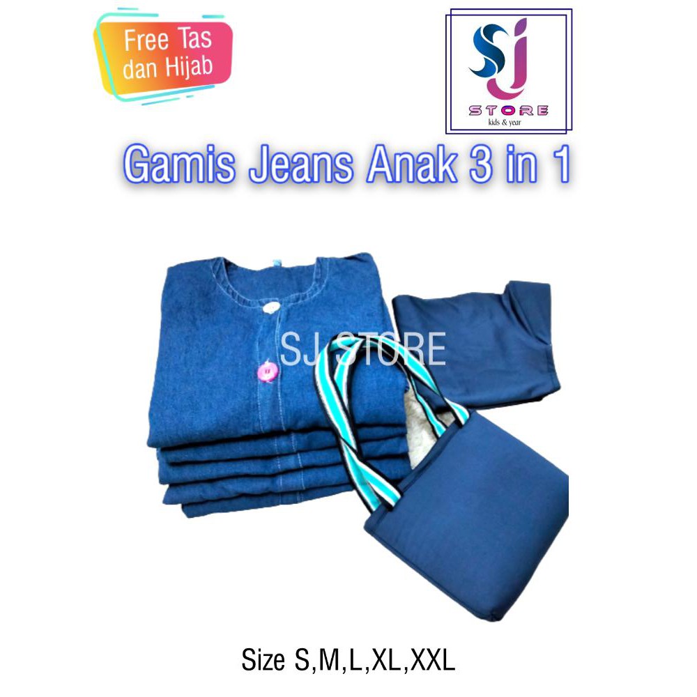 Baju Gamis Jeans Anak Perempuan / Pakaian Muslim Anak Perempuan 3in1 4 Sampai 11 Tahun