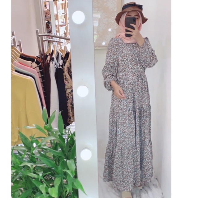 ORIGINAL GAMIS BAJU MUSLIM IMPORT DRESS VINTAGE MOTIF BUNGA KECIL WOLVIS ADEM BUSUI