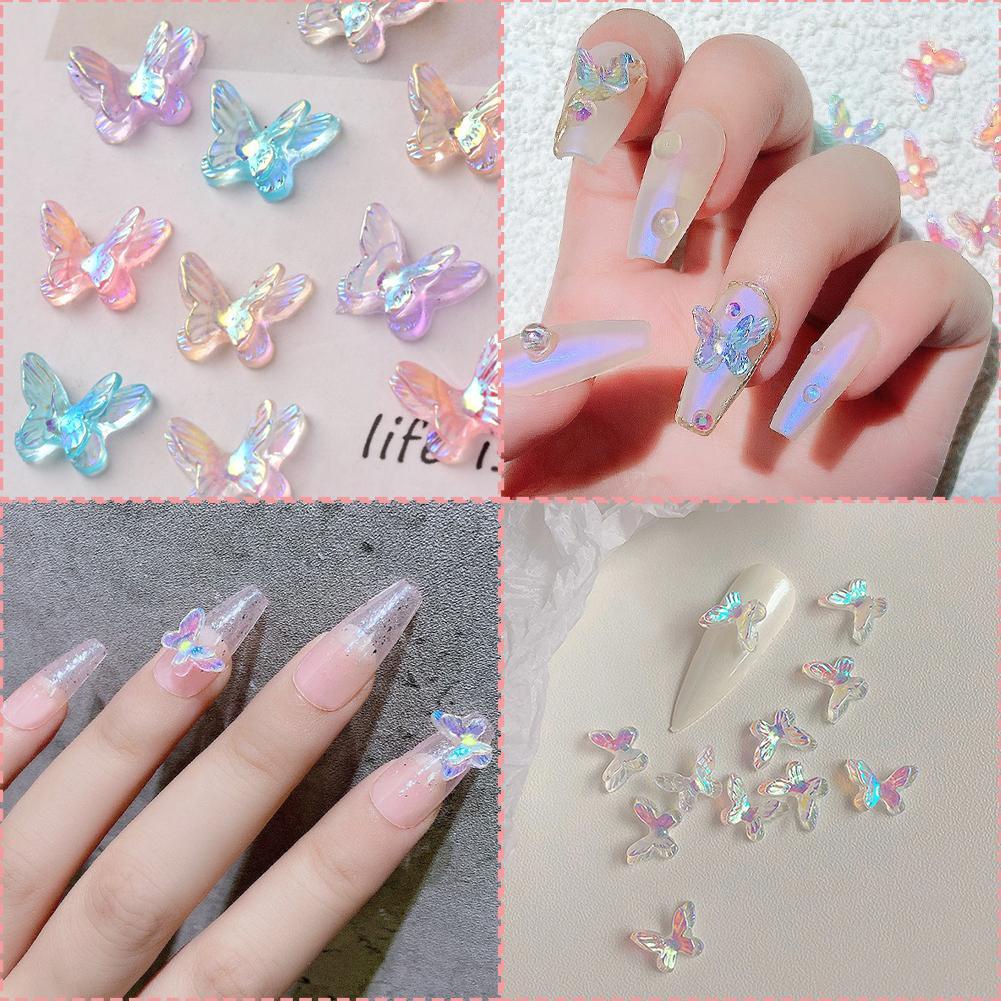 10pcs / set Stiker Kupu-Kupu 3D Aurora Glitter Warna-Warni Untuk Dekorasi Nail Art