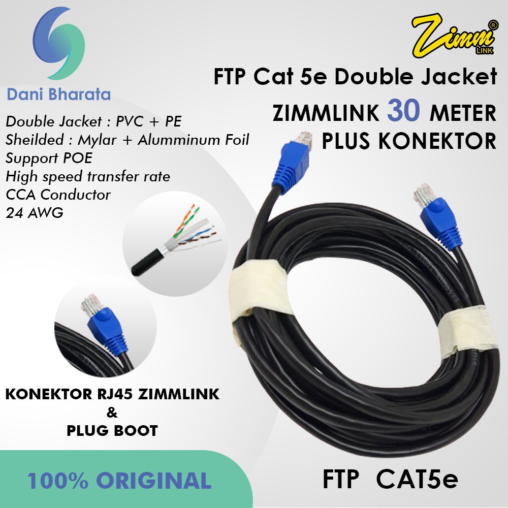 Kabel Lan Cat 5e FTP Double Jaket Siap Pakai Zimmlink 30 Meter Bukan Belden FTP/UTP SIAP PAKAI