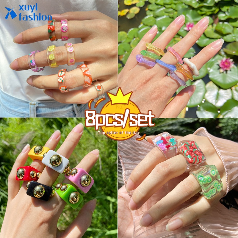 Classic Acrylic Resin Ring Set Colorful Geometric Square Round Women Party Jewelry Accessories