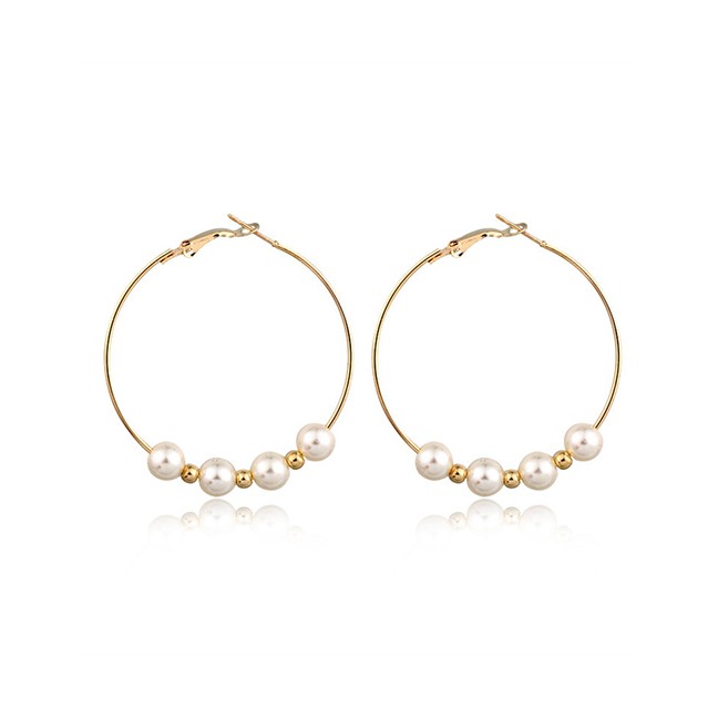 LRC Anting Hoop Fashion Golden Pearl alloy round bead geometry K08912