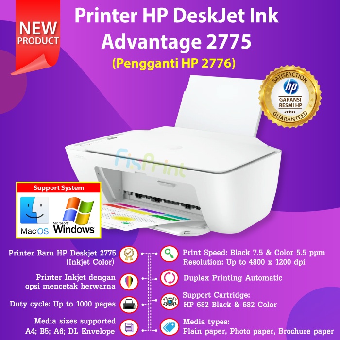 Printer HP 2775 2776 Print Scan Copy WiFi Bluetooth Wireless Cartridge Tinta 682 Black Color