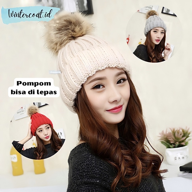 Beanie hat topi rajut import adjustable pompom kupluk tebal hangat pom pom wanita remaja autumn winter hat