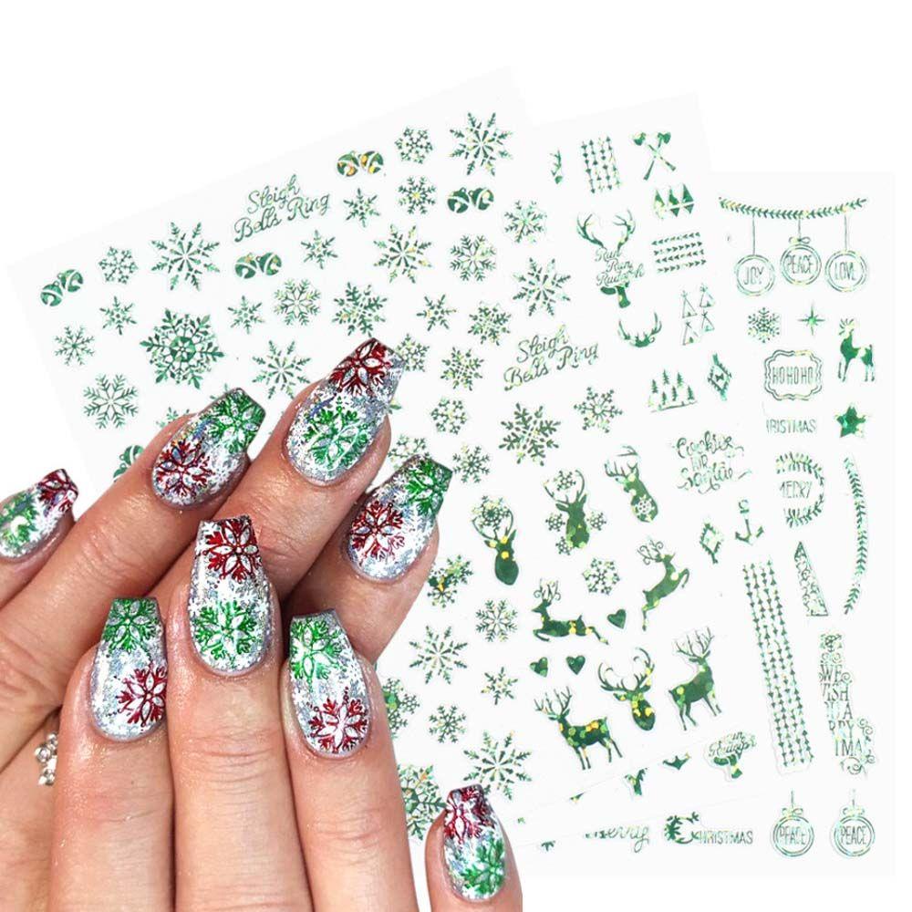 AUGUSTINA Agustina Stiker Kuku Natal Wanita 9pcs /set Elk Snowflake Manicure Aksesoris Pohon Natal Nail Art Dekorasi