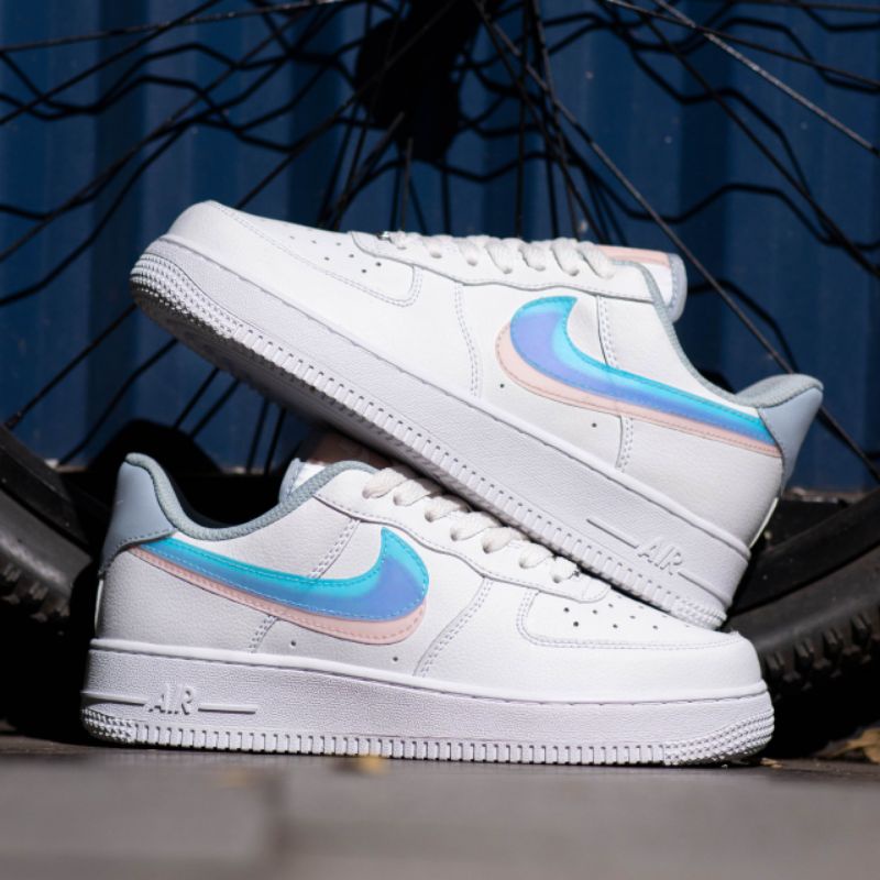 Sepatu Nk Air Force 1 GD Double Swoosh White Blue Peach Original OEM Sneakers Wanita