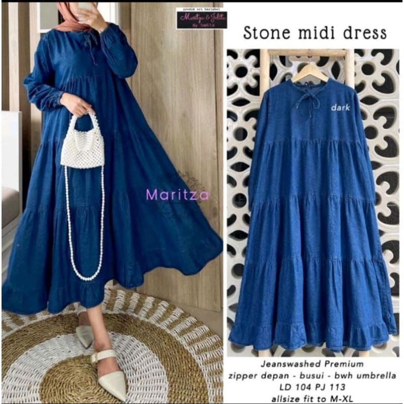 stone midi dress jeans busui // tokoyaki midi jeans premium // bahan denim premium original termurah