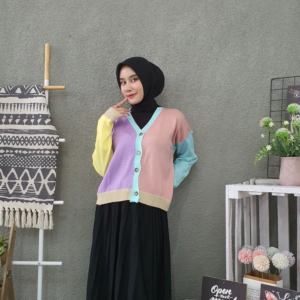 NOUSKA - RETRO RAINBOW Cardigan Rajut Korea Polos Outer Kekinian Korean Style