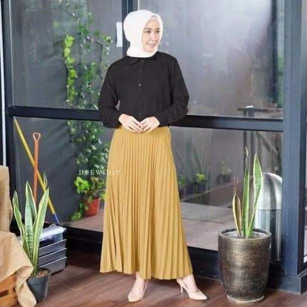 ➨Murah✬ PJDWN Ootd Rok Plisket Panjang Premium Payung Jumbo warna Hitam Putih Hijau botol Army mocca