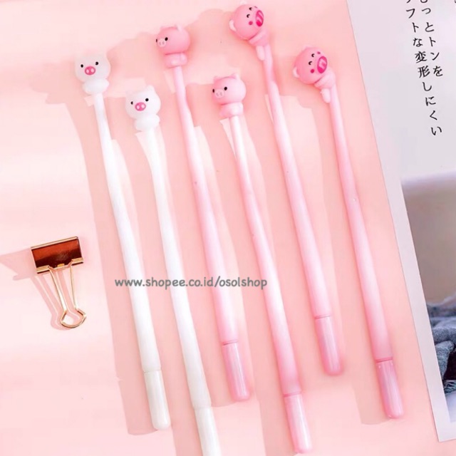 1 LUSIN pulpen babi pink / SELUSIN 12 pcs piggy gel pen / grosir bolpen lucu unik murah souvenir