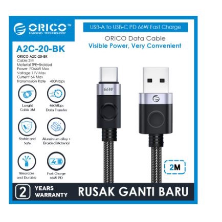 Cable charger Usb A to Type-c pd orico 2m 200cm 66w 6A 480Mbps fast charging aluminum braided A2c-20 - Kabel data Usb2.0 to usb-c 2 meter