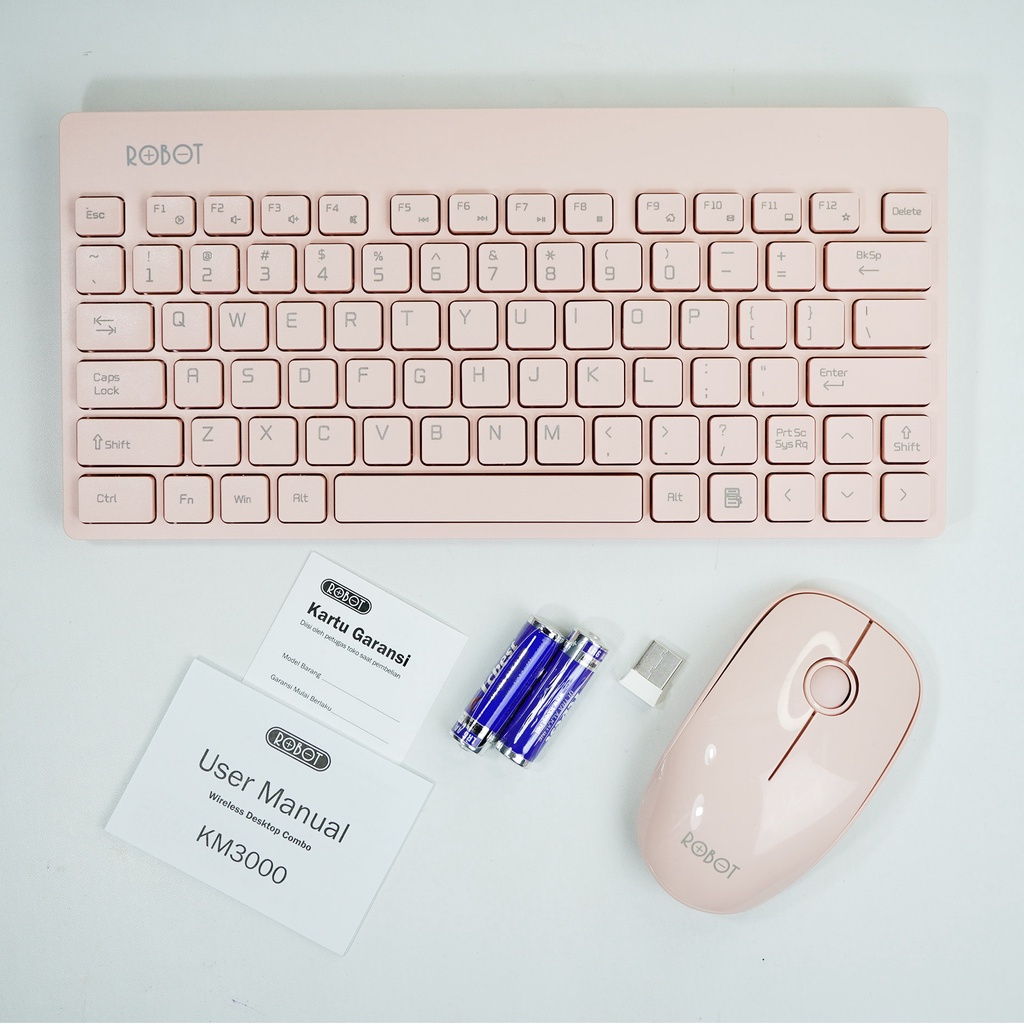 KEYBOARD MOUSE SILENT COMBO MINI PORTABLE ROBOT KM3000 READY WARNA HITAM - PINK