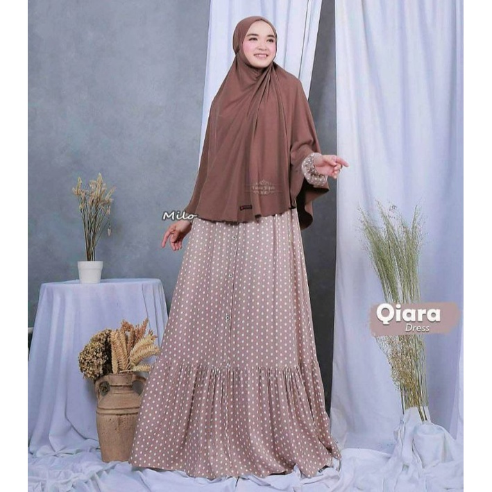 Qiara Dress - Gamis Terbaru Rempel Polkadot Rayon Premium Dress Dress Wanita Lengan Panjang Maxi Dress Klok Kekinian LD 110 cm