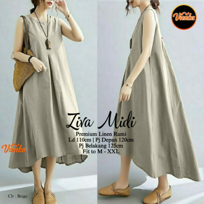 Ziva midi dress overall tanpa lengan katun linen jumbo Ld 110