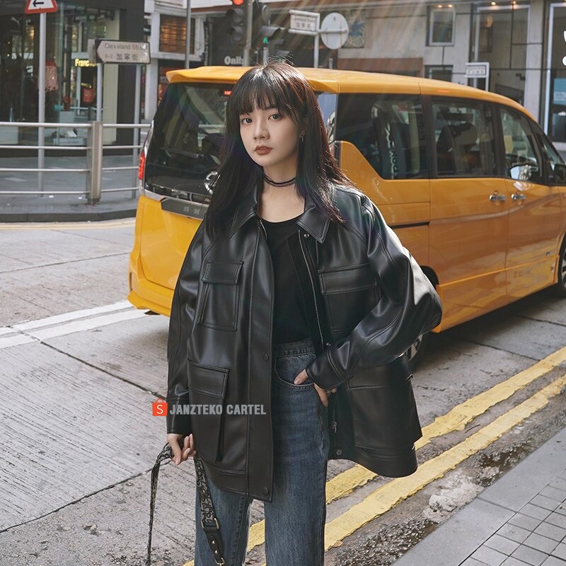 JNK x MURA - Jaket Kulit Sintetis Oversize Wanita Saku Pocket Bigsize Besar Tebal Leather Jacket OOTD Korea KPOP Girlband Cewek Remaja Dewasa Anak Gadis Muda Model Overshirt Balon Keren Polos Premium Original Perempuan ORI Jumbo Import Distro Cewe Casual