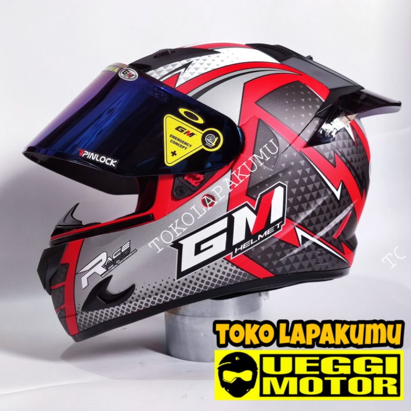 Terbaru Helm Gm Race Pro flat visor - helm fulpace Gm paket ganteng-Flash silver red