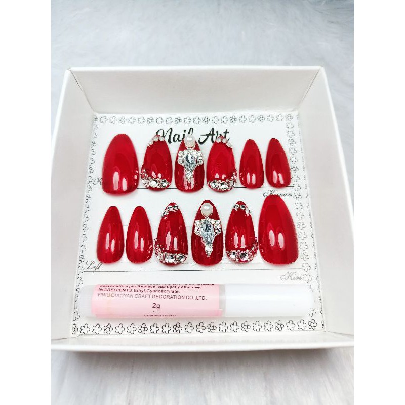kuku palsu wedding warna merah - sudah bonus lem